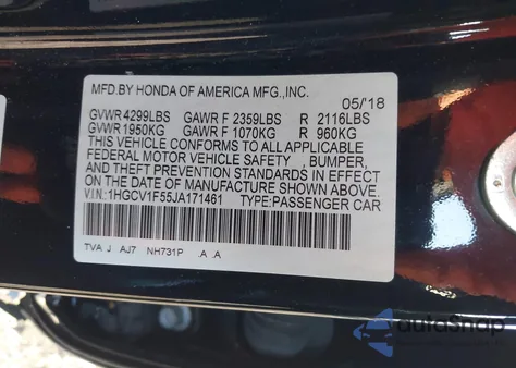 2018 Honda Accord Ex-L z USA, uszkodzony, nr VIN 1HGCV1F55JA171461